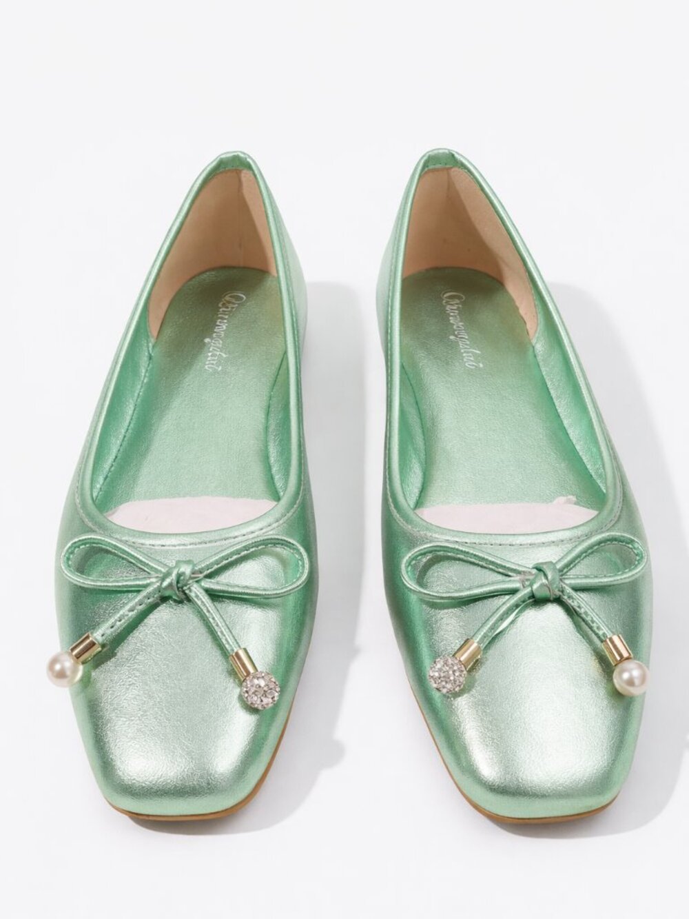 Metallic Mint Ballet Flats with Bow Detail